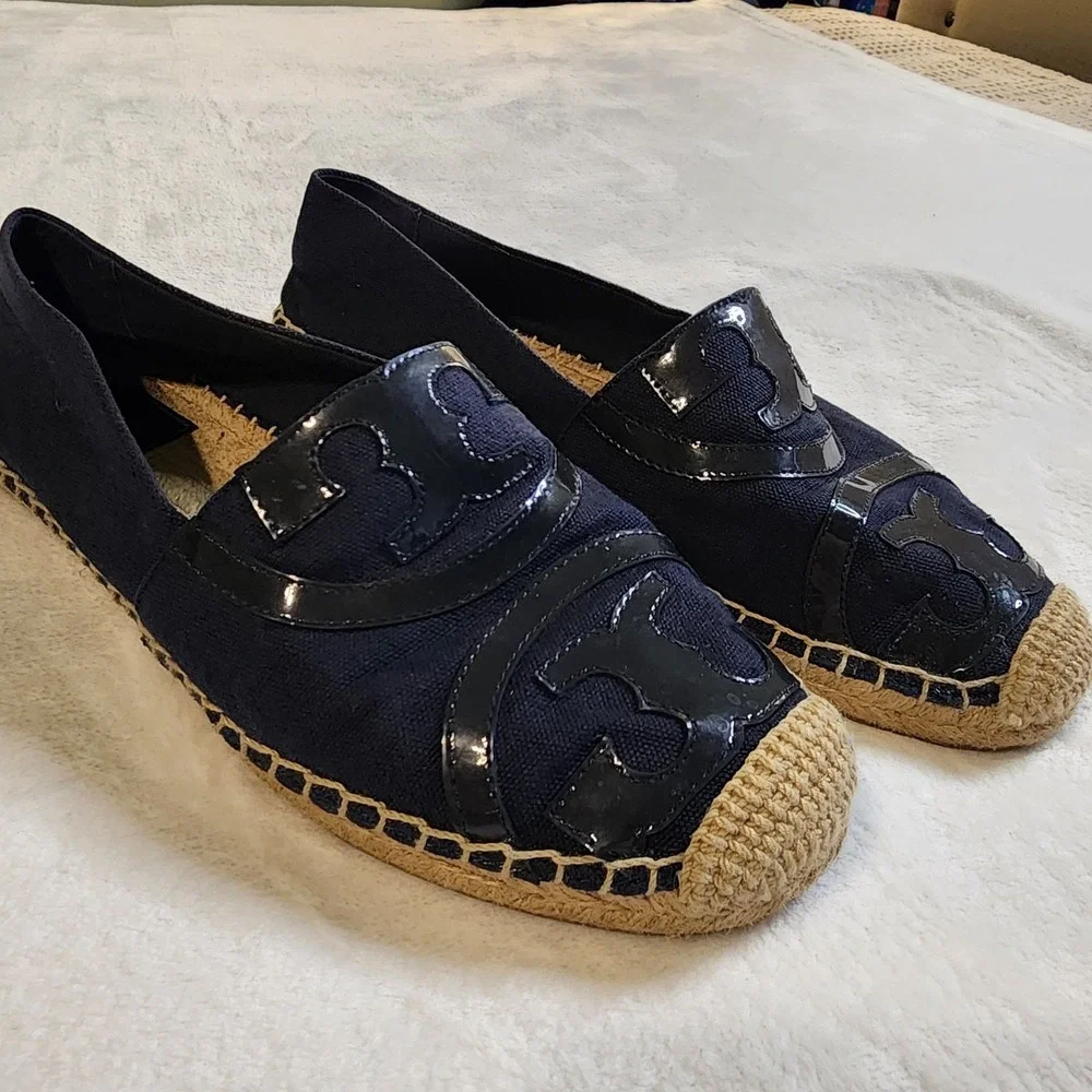 Tory Burch Poppy Canvas Espadrille Logo Slip On Shoes- Navy, Women's Size 9.5M